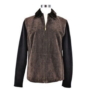 Vintage Sweater Jacket Suede & Knit Grannycore Lined Zipper Front Brown Size L